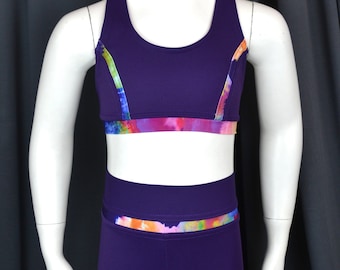 Purple Superflex Racer Back Crop Top and Shorts with colorful Trim, Dance Wear, 2 Piece Set, Girls and Teens Gymnastics, Active Wear