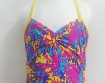 Pink Blue Yellow Tropical Print Leotard, Girls Dance Wear, Dance Leotard, Custom Dance Wear, Gymnastics Leotard, Active Wear, Girls Size 10