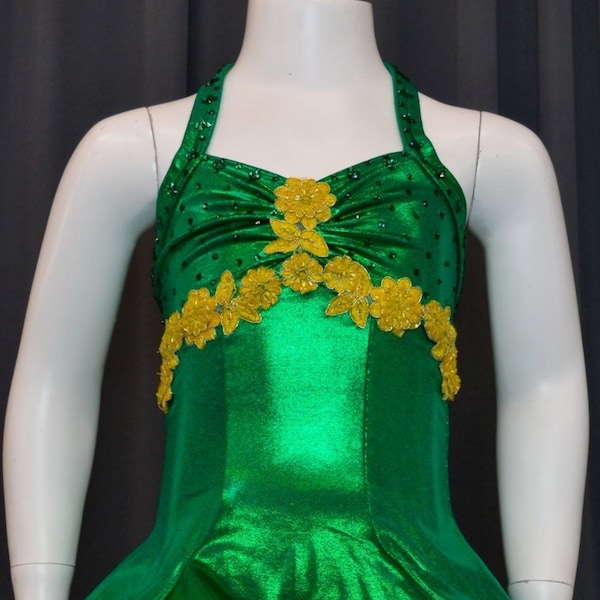 Green Empire Waist Dress, Yellow Floral Applique, Quality Rhinestones, Yellow Petticoat, Dance Performance, Competition Costume, Girl Size 8