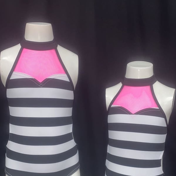 Black and White Striped Leotard with Hot Pink Mesh Detail, Dance Wear, Gymnastics Leotard, Dance Leotard, Active Wear, Girls Sizes 8 and 10