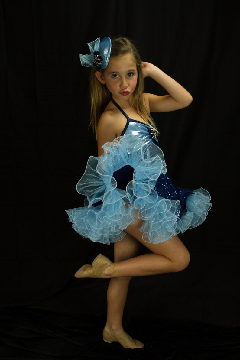 Empire Dress Performance Show Dance Dancewear Costume Child Size 7 Navy Sequence Mystique Blue and Light Blue Petticoat cute Teardrop Hat