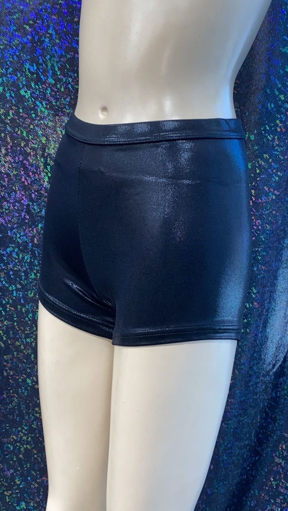 Black Mystique Girls and Womens Dance Shorts, Stretch Fabric, Dancewear,  Costume Shorts, Shiny Fabric, Available in Multiple Sizes 