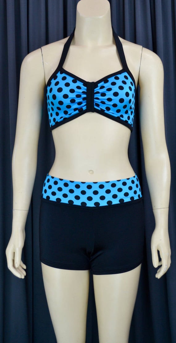 Turquoise and Black Polka Dot Halter Bra Top and High Waist Shorts, Pinch  Bra, Dance Wear, Gymnastics Clothes, Active Wear, Adult Size Small 