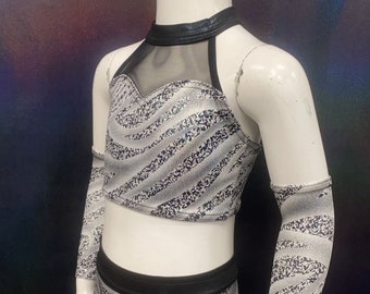 Two Piece Black and Silver Zebra-Striped Dancewear Set with Armbands, Girls Size 8, Black Waistband and Collar, Sold as a Set