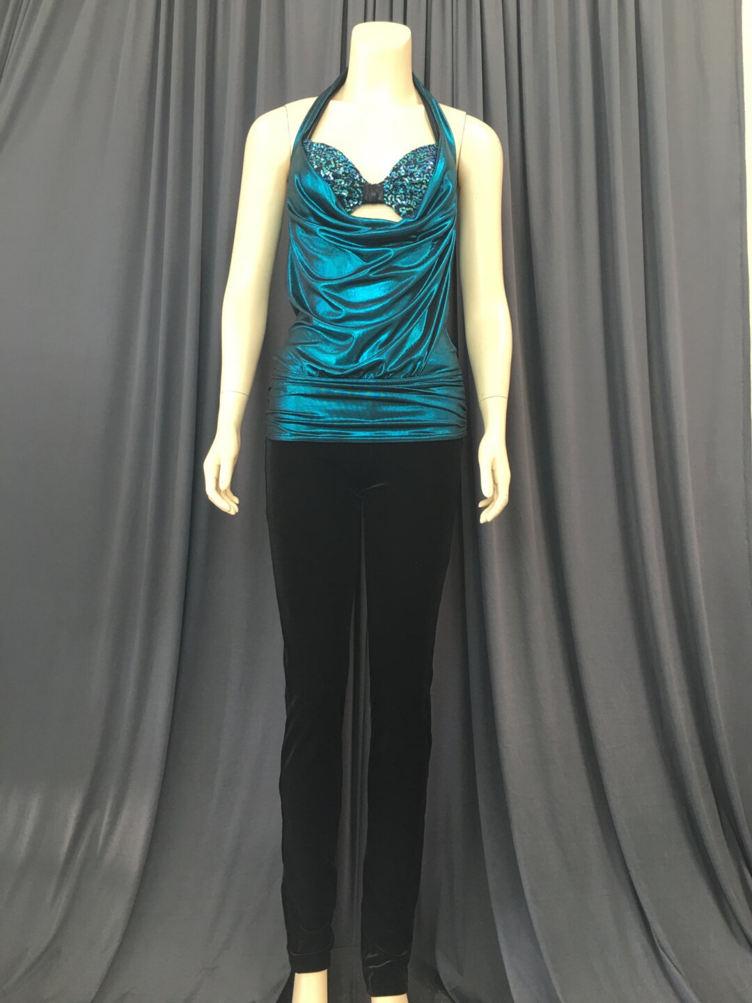 Teal cowell neck halter top sequin halter bra black velvet leggings