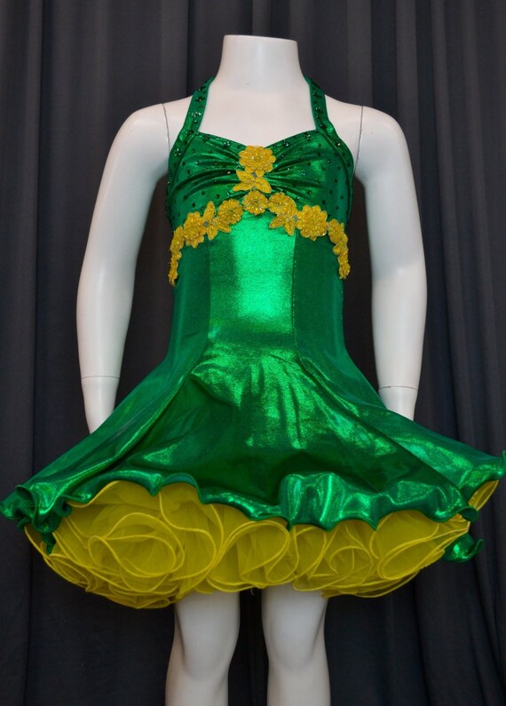 Green Empire Waist Dress, Yellow Floral Applique, Quality Rhinestones, Yellow Petticoat, Dance Performance, Competition Costume, Girl Size 8