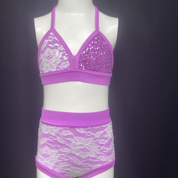 Sequin Purple and White Lace Two-Piece, Cute Sparkly Halter Top and High-Waist Trunk, Dance Outfit, Competition Dance, Girls Size 7