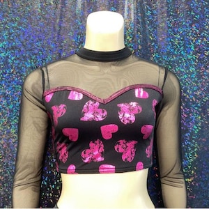Black and Pink Heart Crop Top for Dance, Black Mesh Long Sleeves, Sweetheart Neckline, Keyhole Back, Dancewear Top, Women&#39;s Size Small