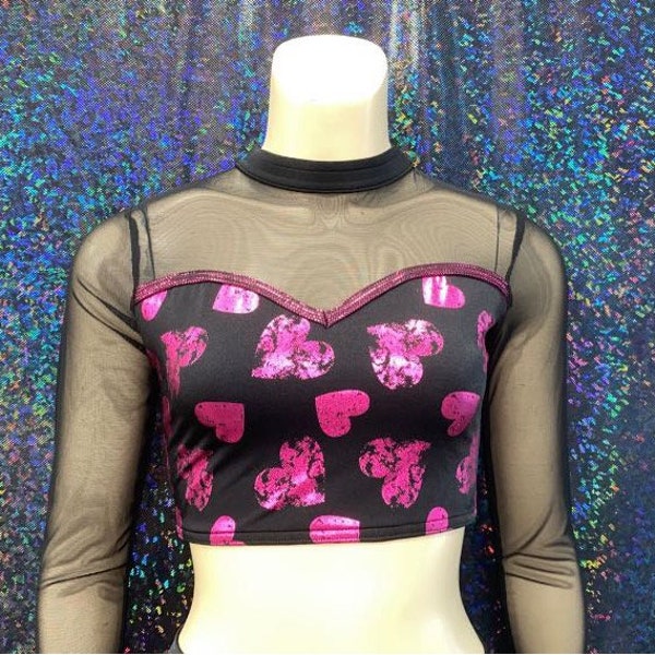Black and Pink Heart Crop Top for Dance, Black Mesh Long Sleeves, Sweetheart Neckline, Keyhole Back, Dancewear Top, Women's Size Small