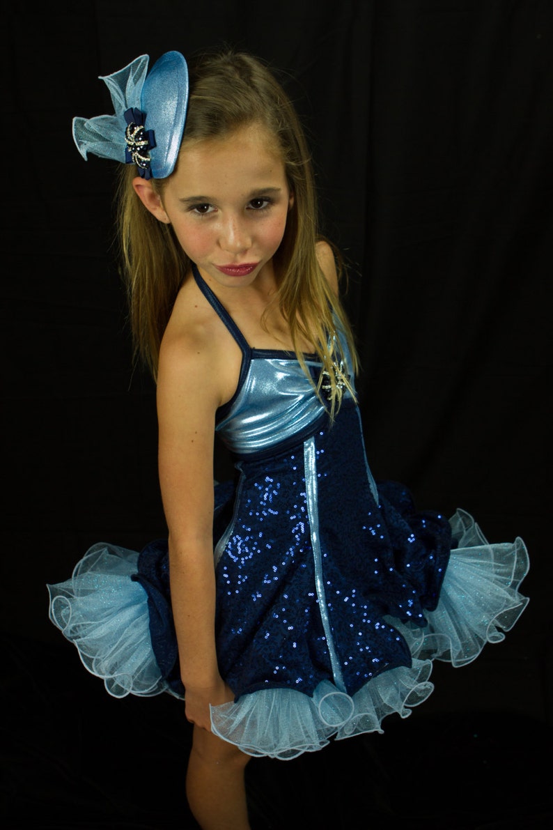 Empire Dress Performance Show Dance Dancewear Costume Child Size 7 Navy Sequence Mystique Blue and Light Blue Petticoat cute Teardrop Hat