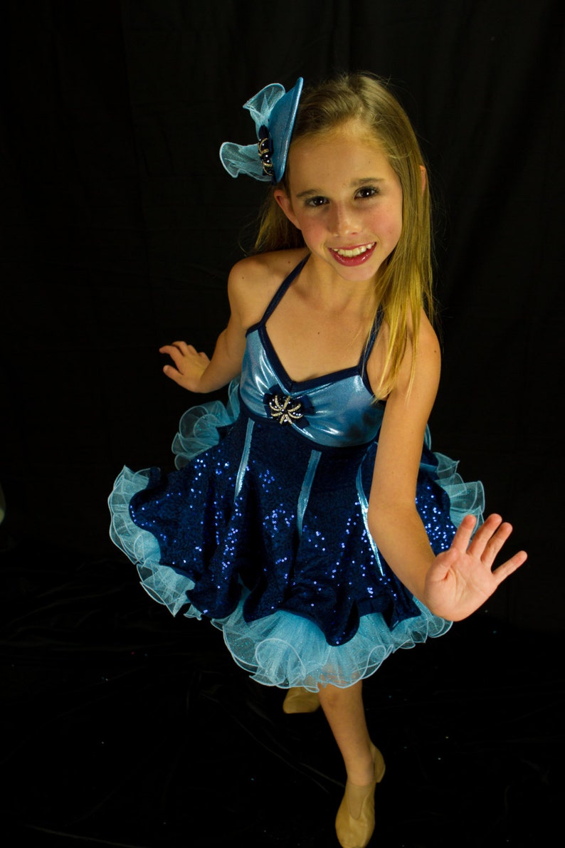 Empire Dress Performance Show Dance Dancewear Costume Child Size 7 Navy Sequence Mystique Blue and Light Blue Petticoat cute Teardrop Hat