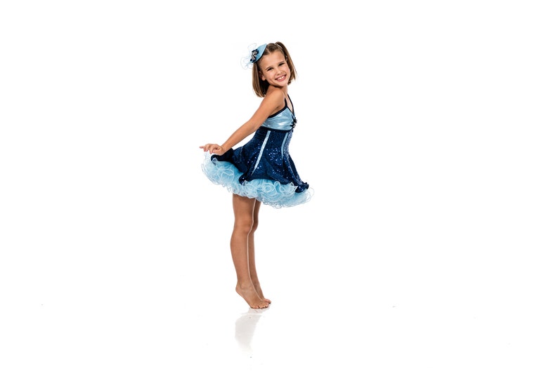 Empire Dress Performance Show Dance Dancewear Costume Child Size 7 Navy Sequence Mystique Blue and Light Blue Petticoat cute Teardrop Hat