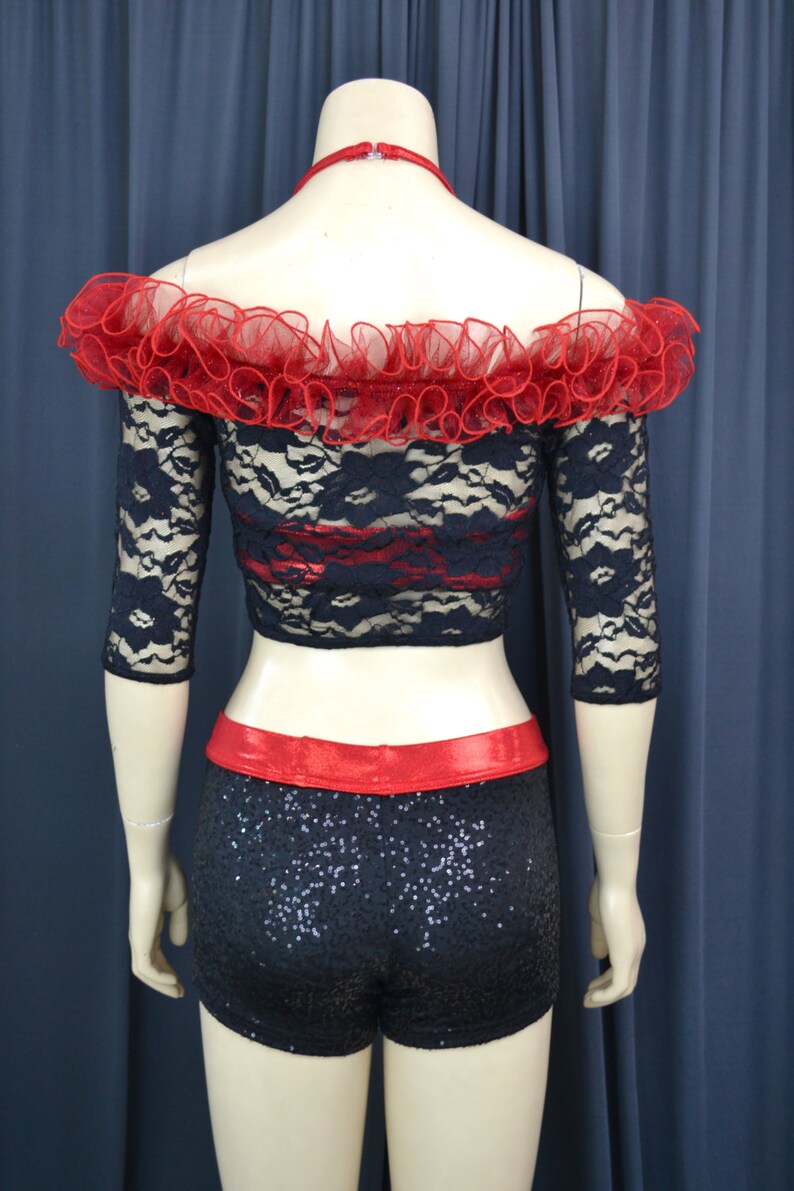 Black and Red Dance Costume Set, Lace Crop Top, Sequin Shorts, Red