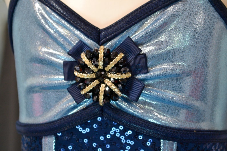 Empire Dress Performance Show Dance Dancewear Costume Child Size 7 Navy Sequence Mystique Blue and Light Blue Petticoat cute Teardrop Hat