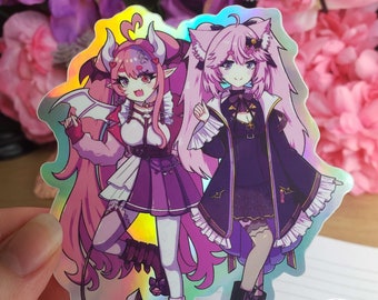 Ironmouse and Nyanners l Holographic Sticker l Weatherproof, Waterproof, Glossy, Vinyl l Vtuber, VShojo, Anime, Pink, Kawaii, Catgirl, Demon