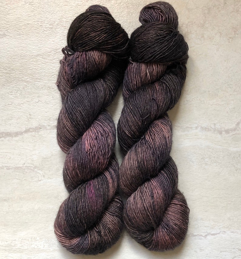 Hand Dyed Sock Yarn Pink Black Merino Singles Tonal Boysenberry Purple Ready to Ship Mauve