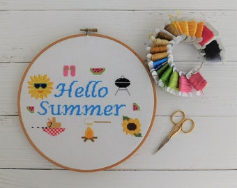 Hello Summer Cross Stitch Pattern, Summer Cross Stitch Chart, Picnic Cross Stitch, Watermelon Cross Stitch, Easy Cross Stitch Pattern