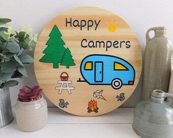 Happy Campers Wood Sign, Travel Trailer Pop Up Camper Sign, Camper Décor, RV Home Décor, Round Camp Fire Sign, Summer Outdoor Sign