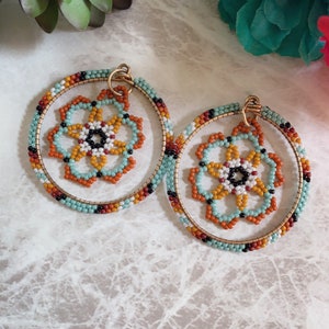 Huichol earrings, Huichol hoops, beaded hoops, flower earrings, Mexican jewelry