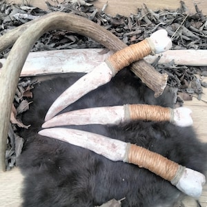 May include: Three bone knives with brown leather wrappings. The knives are laid out on a brown fur surface with a large antler in the background.