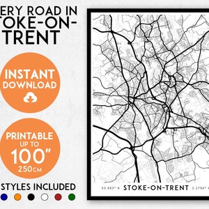Impresión de mapa de Stoke-on-Trent, impresión de Stoke-on-Trent, mapa de la ciudad de Stoke-on-Trent, mapa de Inglaterra, Reino Unido, póster de Stoke-on-Trent, arte mural de Stoke-on-Trent