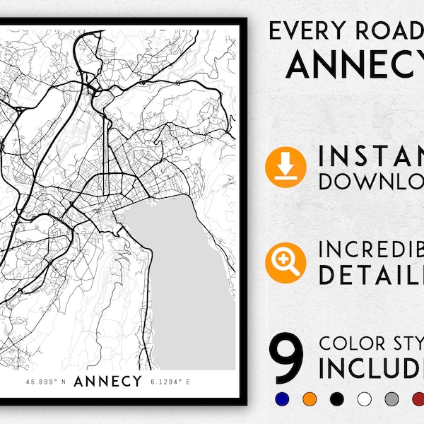 Impression de carte d'Annecy, impression d'Annecy, plan de la ville d'Annecy, affiche d'Annecy, art mural Annecy, carte d'Annecy, impression d'art d'Annecy, affiche de la carte d'Annecy