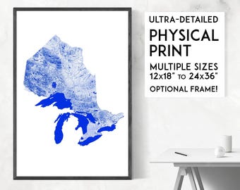 Stampa della mappa dei corsi d'acqua dell'Ontario: arte fisica ultra dettagliata