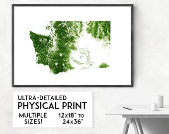 May include: A framed print of a detailed green map of the state of Washington. The print is on a white background and has the text "ULTRA-DETAILED PHYSICAL PRINT" and "MULTIPLE SIZES! 12x18" TO 24x36" printed below the map.