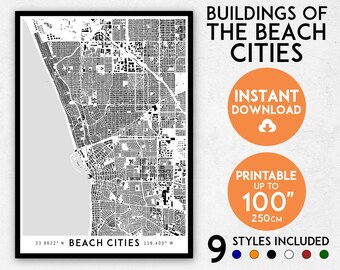 Redondo Beach map, Hermosa Beach map, Manhattan Beach map, Redondo Beach print, Los Angeles print, California map, Beach Cities map print