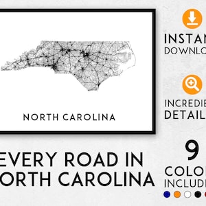 Mappa stradale dettagliata della Carolina del Nord, stampa artistica (download digitale)