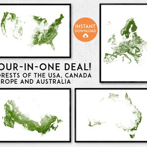 Op de afbeelding: Vier afdrukbare kaarten die de bossen van de VS, Canada, Europa en Australië tonen. De kaarten zijn groen en wit en hebben een eenvoudig, modern ontwerp. De tekst "INSTANT DOWNLOAD" staat in een groene cirkel met een wit recycle-symbool.