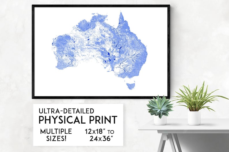 Waterways of Australia print Physical Australia map print, Australia print, Australia art, Australia poster, Australia wall art, Rivers image 1