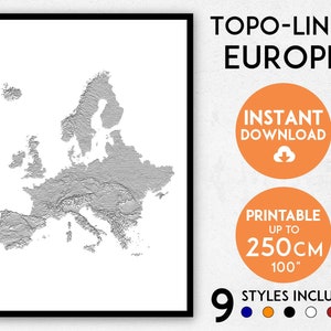 Topo-lijnen Europa-kaartafdruk, Europa-afdruk, Europa-kaart, Europa-poster, Europa-muurkunst, Kaart van Europa, Europa-kunstdruk, Europa-cadeau