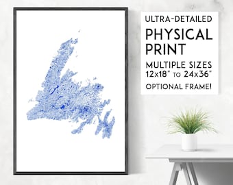 Newfoundland Waterways Map Art Print: Detailed Physical Map