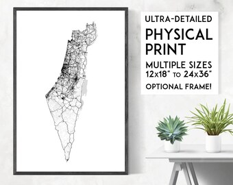 May include: Black and white framed print of a detailed map of a country. The print is labeled "ULTRA-DETAILED PHYSICAL PRINT" and available in multiple sizes from 12x18 inches to 24x36 inches. An optional frame is available.