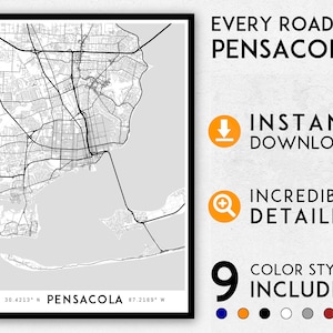 Pensacola map print, Pensacola print, Pensacola city map, Pensacola poster, Pensacola wall art, Map of Pensacola, Pensacola art print