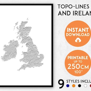 Topo-lijnen Britse kaart afdrukken, kaart van Ierland, Britse afdrukken, poster van Ierland, kunst aan de muur VK, kaart van Engeland, poster van Engeland, kunst aan de muur Engeland, kaart van Groot-Brittannië