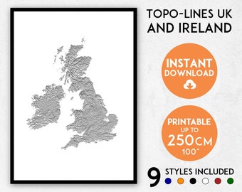 Topo-lines UK map print, Ireland map, UK print, Ireland poster, UK wall art, England map, England poster, England wall art, Britain map
