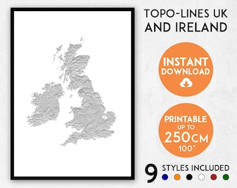 Topo-lines kaartafdruk VK en Ierland: topografische muurkunst (digitale download)
