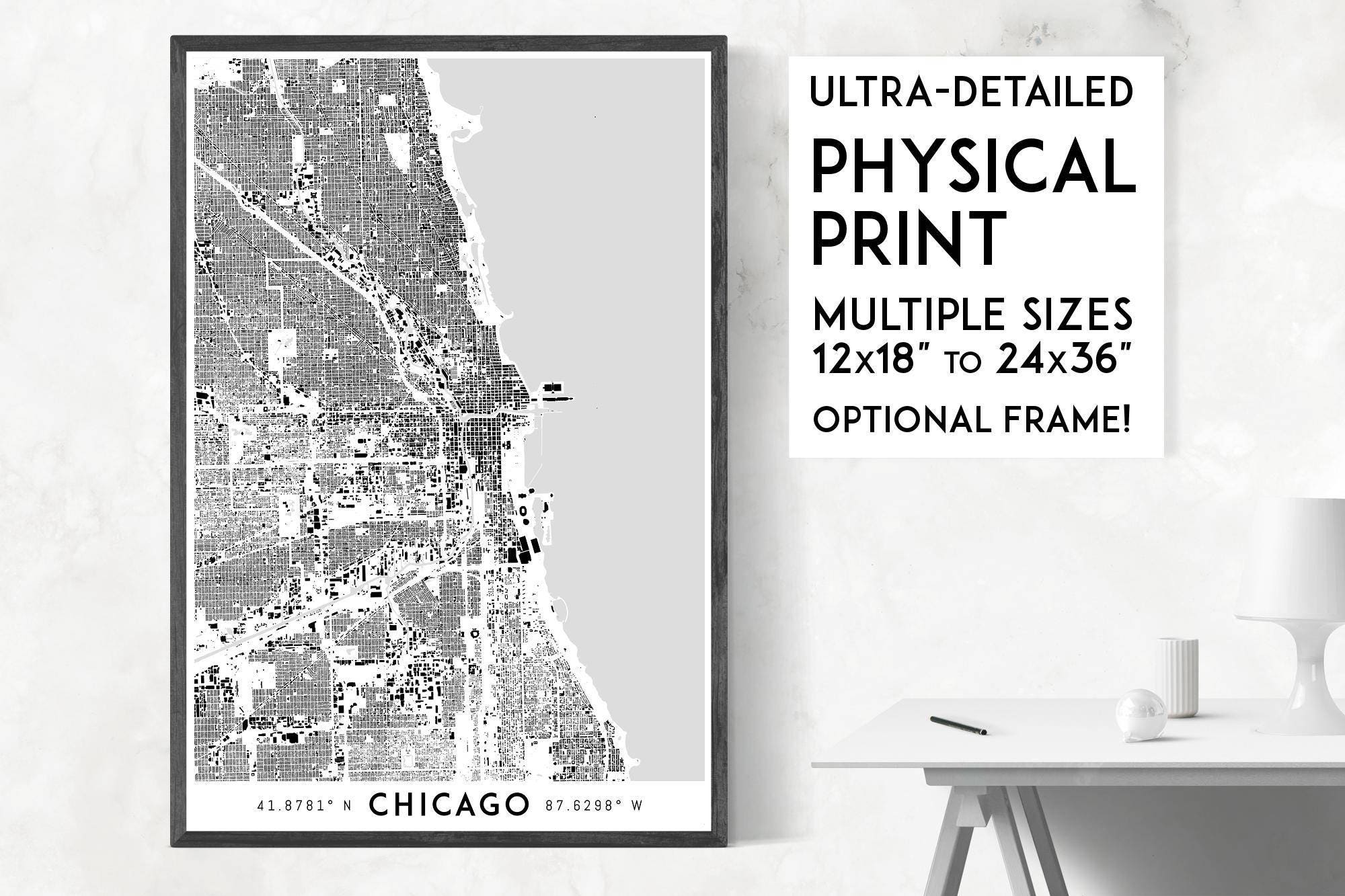 Kaartafdruk Chicago Buildings: ultragedetailleerde muurkunst stadsgezicht
