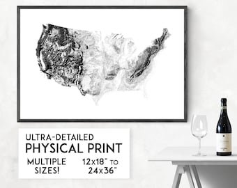 Shadowlands USA Map Print: Topographic Art, Physical Poster