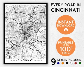 Impression de carte de Cincinnati, impression de Cincinnati, plan de la ville de Cincinnati, carte de l'Ohio, impression de l'Ohio, affiche de Cincinnati, art mural de Cincinnati, carte de Cincinnati