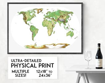 Physical World Map Art Print: Detailed Topography Poster