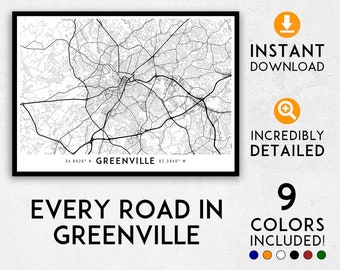 Detailed Greenville Map Print: South Carolina City Art (Digital Download)