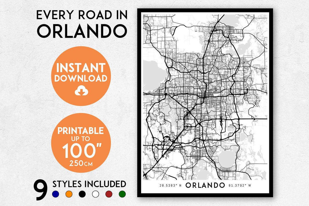 Detailed Orlando City Map Art Print: Florida Wall Art (digital Download ...
