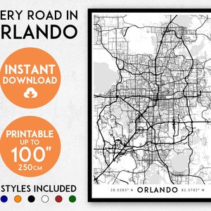 Orlando kaart afdrukken, Orlando afdrukken, plattegrond van de stad Orlando, kaart van Florida, Orlando poster, Orlando kunst aan de muur, kaart van Orlando, Orlando art print