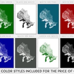 Peut inclure: Neuf variations de couleurs diff&eacute;rentes d'une carte de la r&eacute;gion des Grands Lacs. La carte est en silhouette blanche sur une vari&eacute;t&eacute; de fonds color&eacute;s, notamment le vert, le blanc, le bleu sarcelle, le rouge, le bleu, le gris et le noir.