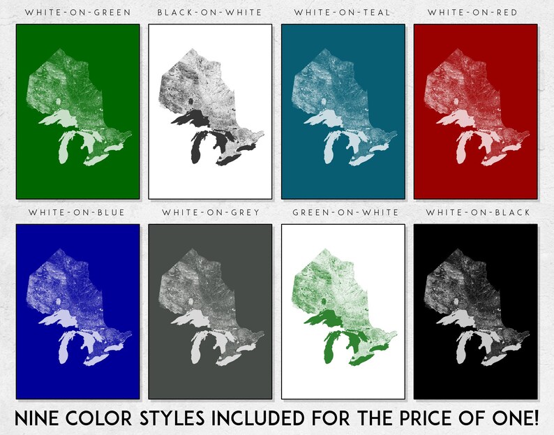 Peut inclure: Neuf variations de couleurs diff&eacute;rentes d'une carte de la r&eacute;gion des Grands Lacs. La carte est en silhouette blanche sur une vari&eacute;t&eacute; de fonds color&eacute;s, notamment le vert, le blanc, le bleu sarcelle, le rouge, le bleu, le gris et le noir.