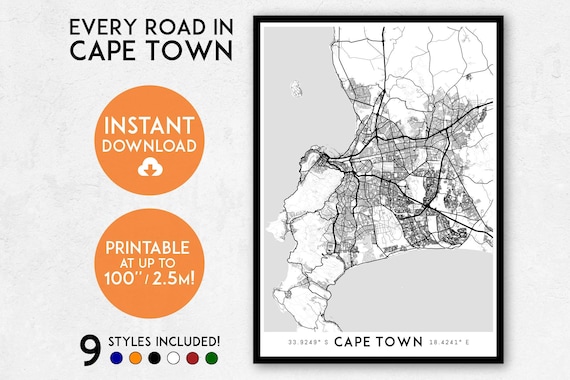 Cape Town Map Print Printable Cape Town Map Art South Africa Etsy