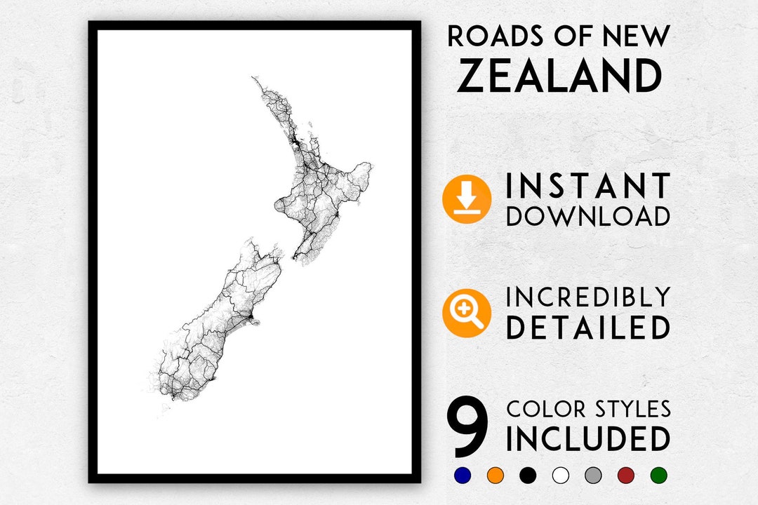 Roads of New Zealand Map Print, New Zealand Print, New Zealand City Map